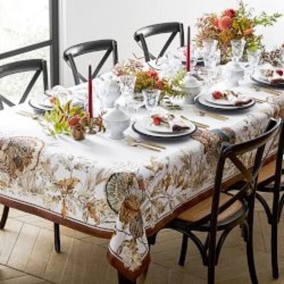 Autumn Plymouth Turkey Table Cloth New Williams Sonoma 70" x 90" - Picture 1 of 4